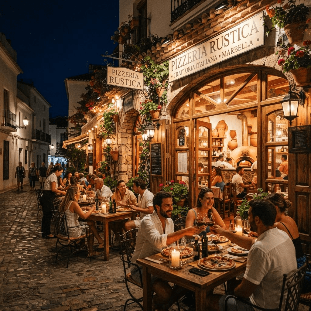 Desidero Pizzeria terrace lit up at night in Marbella