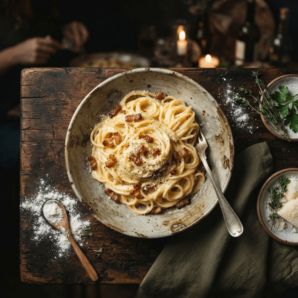 Plate of spaghetti carbonara with guanciale and pecorino romano